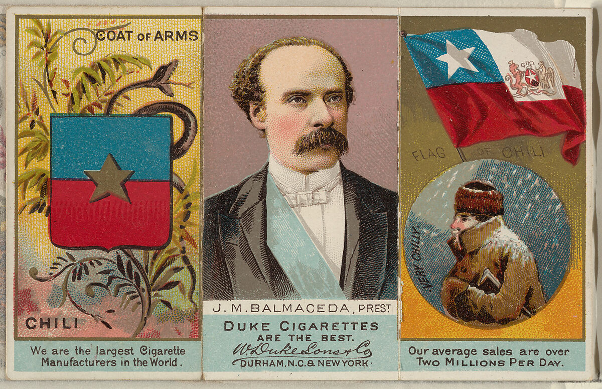 J. M. Balmaceda, President of Chili, from the Rulers, Flags, and Coats of Arms series (N126-2) issued by W. Duke, Sons & Co., Issued by W. Duke, Sons &amp; Co. (New York and Durham, N.C.), Commercial color lithograph