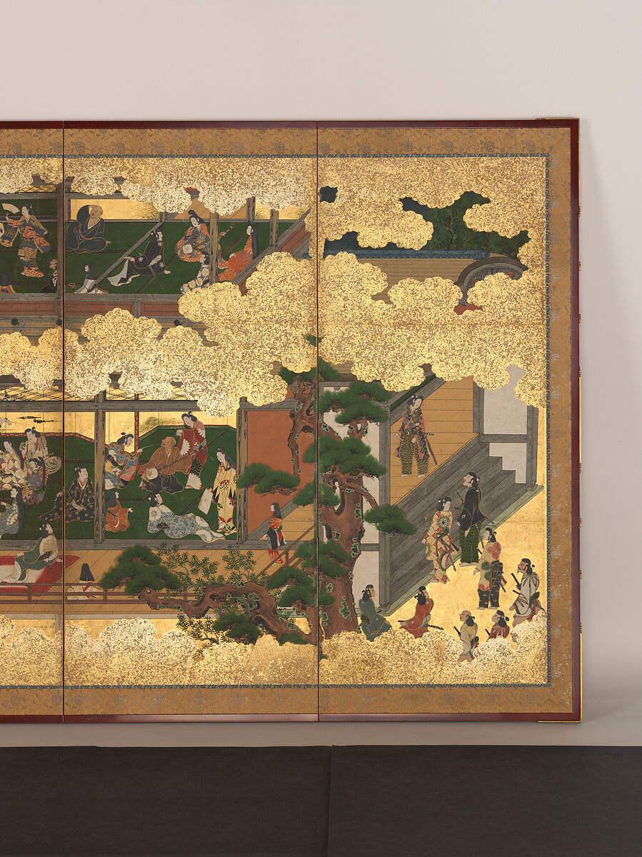 Amusements in a Mansion, Pair of six-panel folding screens; ink, color, gold, and gold leaf on paper, Japan