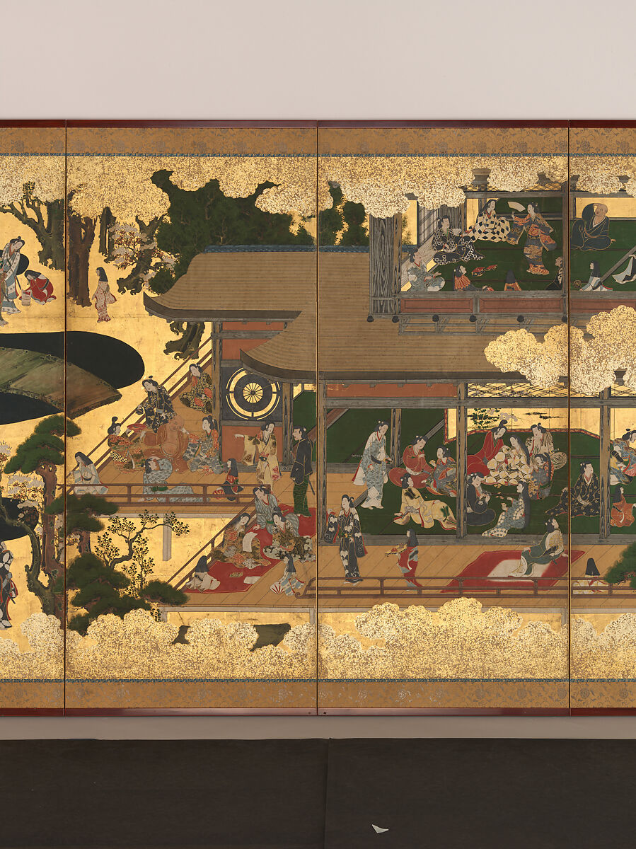 Amusements in a Mansion, Pair of six-panel folding screens; ink, color, gold, and gold leaf on paper, Japan