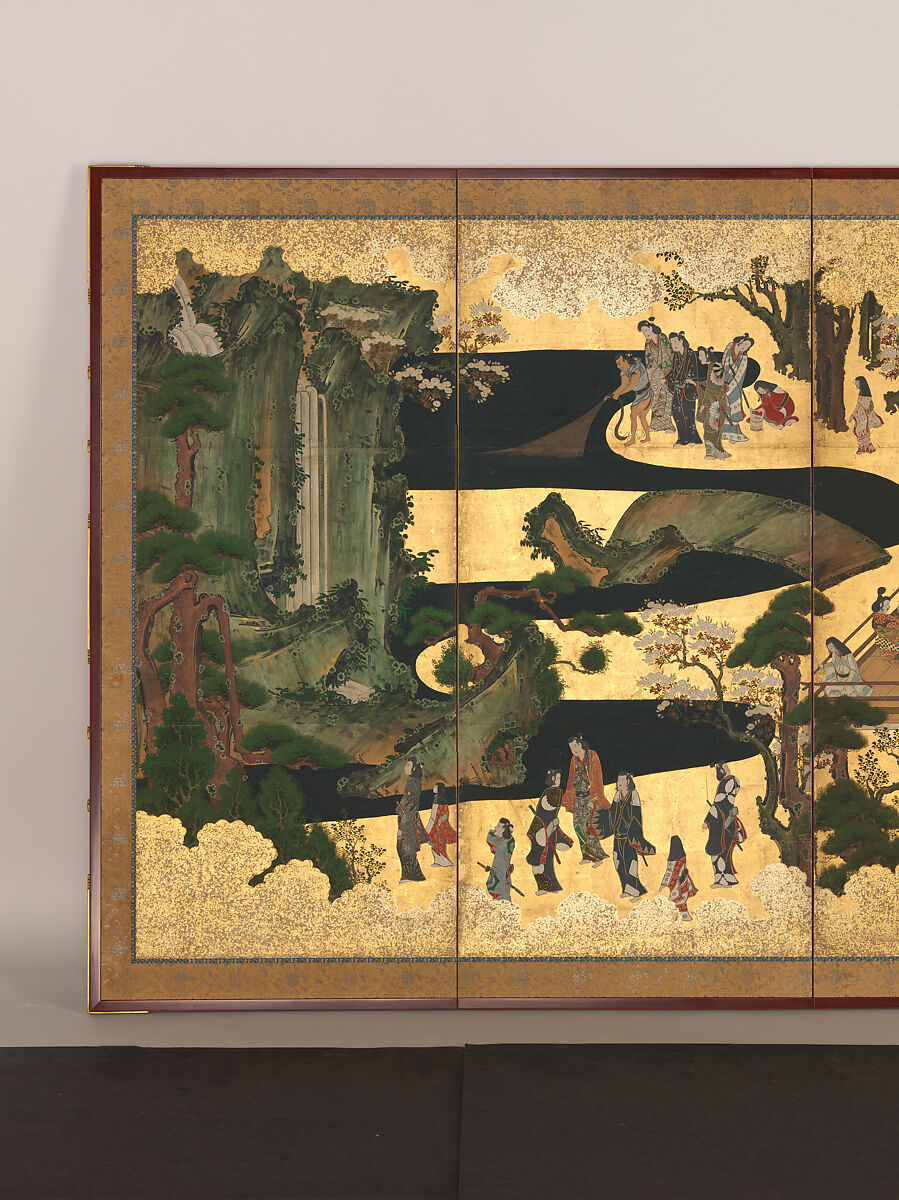 Amusements in a Mansion, Pair of six-panel folding screens; ink, color, gold, and gold leaf on paper, Japan