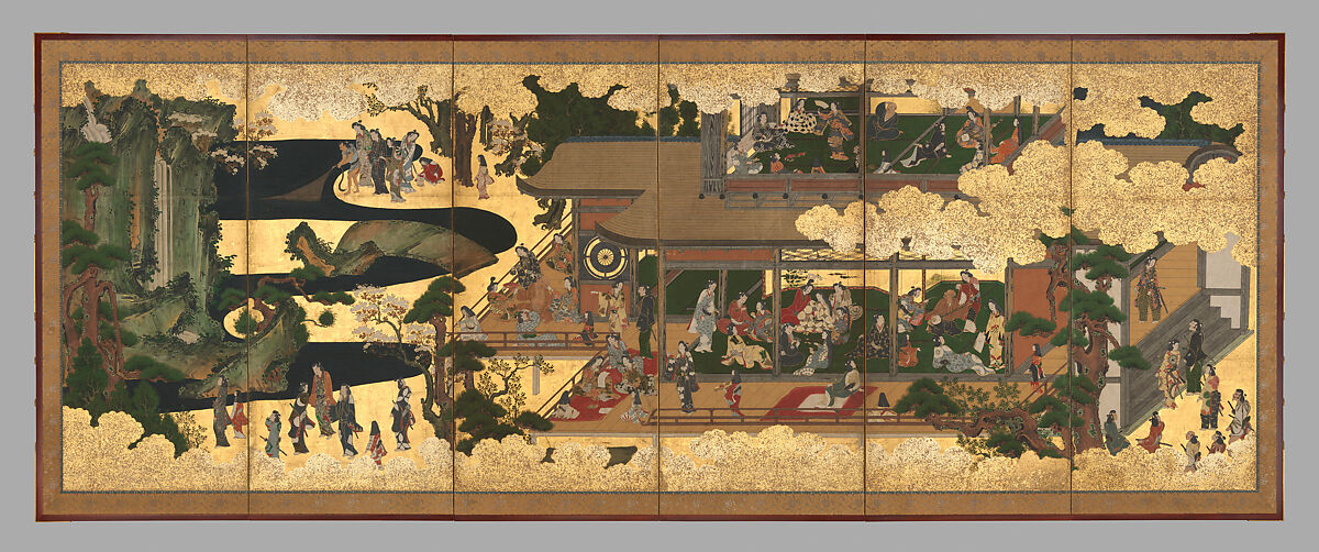 Amusements in a Mansion, Pair of six-panel folding screens; ink, color, gold, and gold leaf on paper, Japan