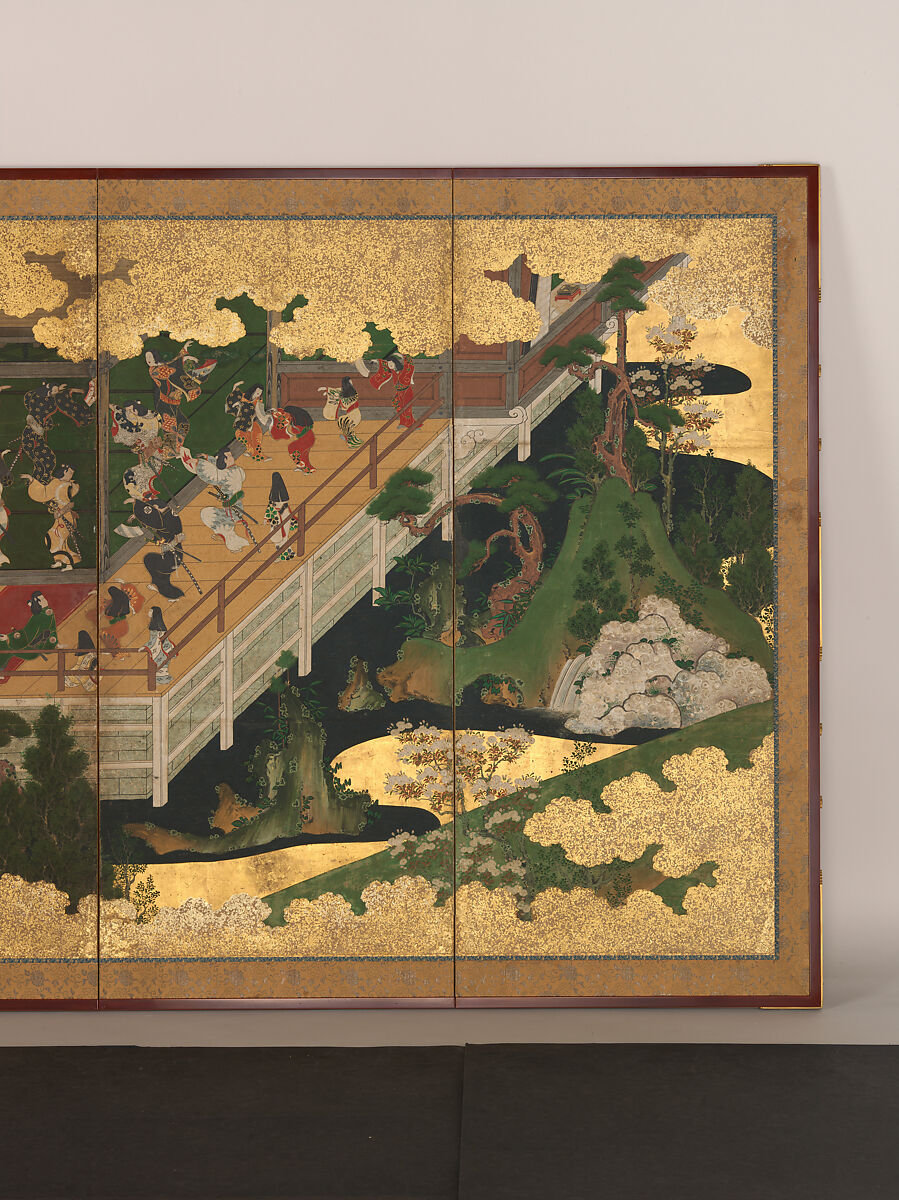Amusements in a Mansion, Pair of six-panel folding screens; ink, color, gold, and gold leaf on paper, Japan