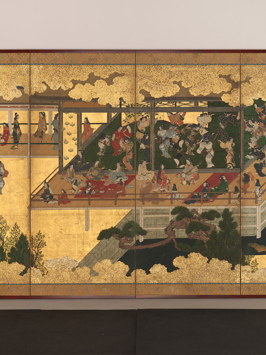 Amusements in a Mansion, Pair of six-panel folding screens; ink, color, gold, and gold leaf on paper, Japan