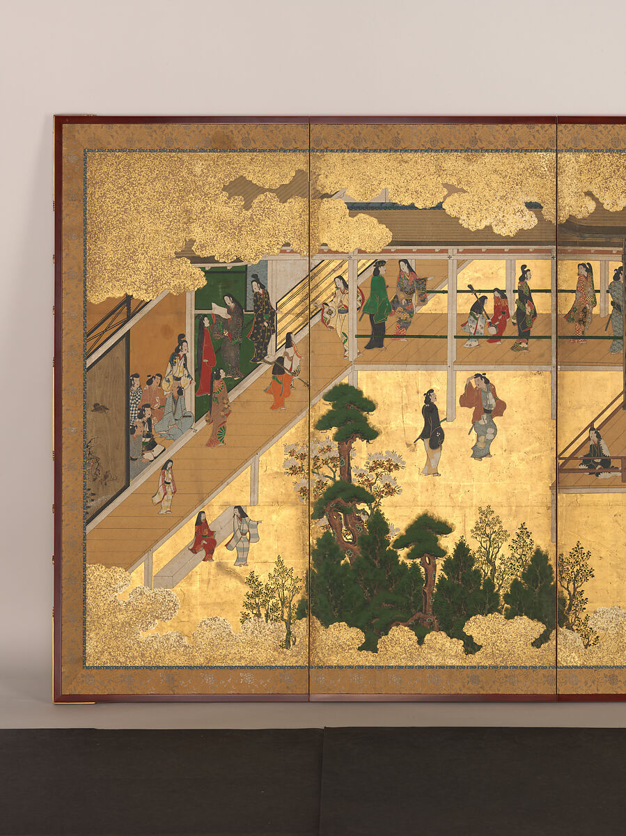 Amusements in a Mansion, Pair of six-panel folding screens; ink, color, gold, and gold leaf on paper, Japan