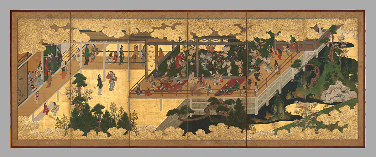 Amusements in a Mansion, Pair of six-panel folding screens; ink, color, gold, and gold leaf on paper, Japan