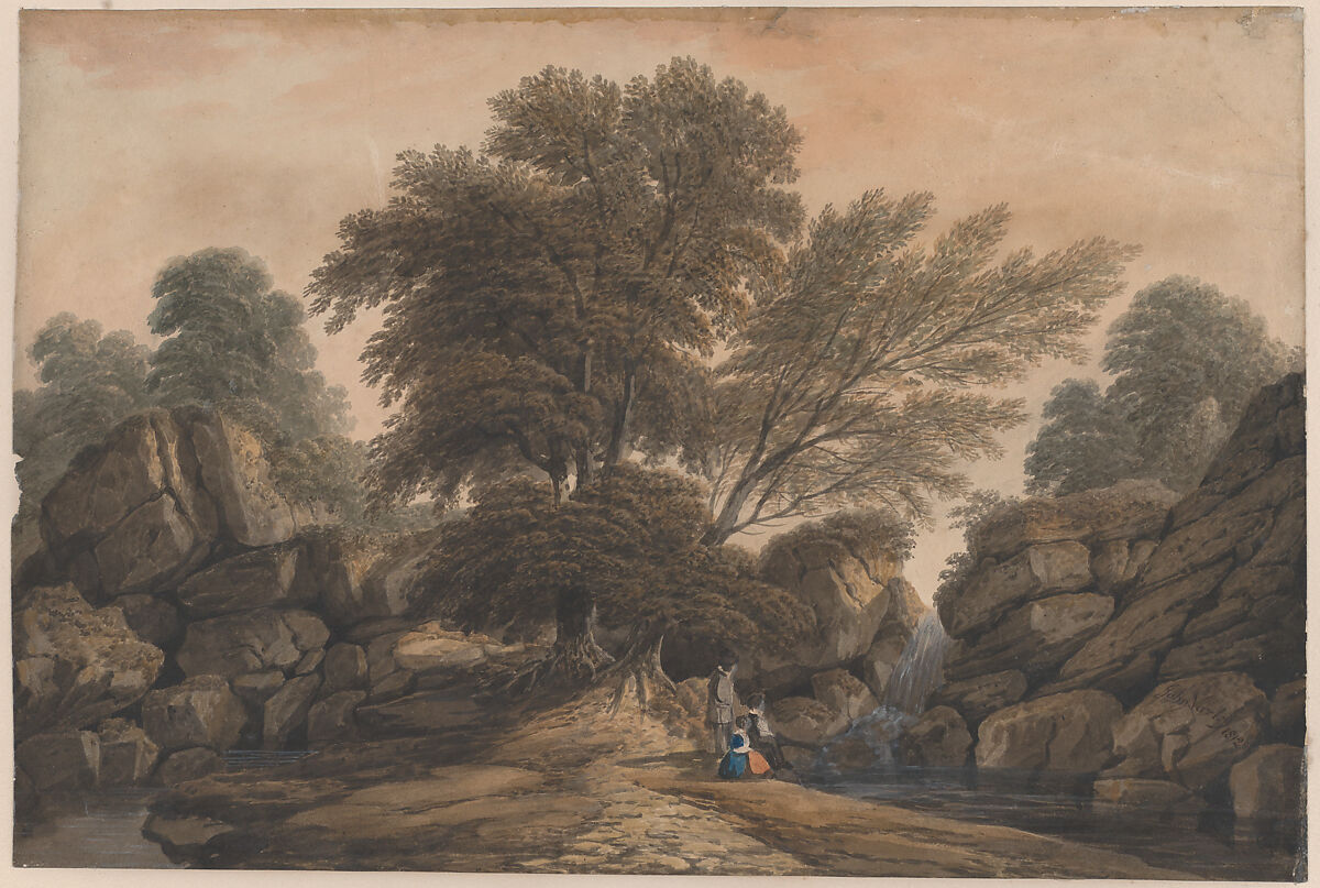 Figures beside a waterfall and pool in a wooded landscape, John Varley (British, London 1778–1842 London), Watercolor, and traces of graphite 