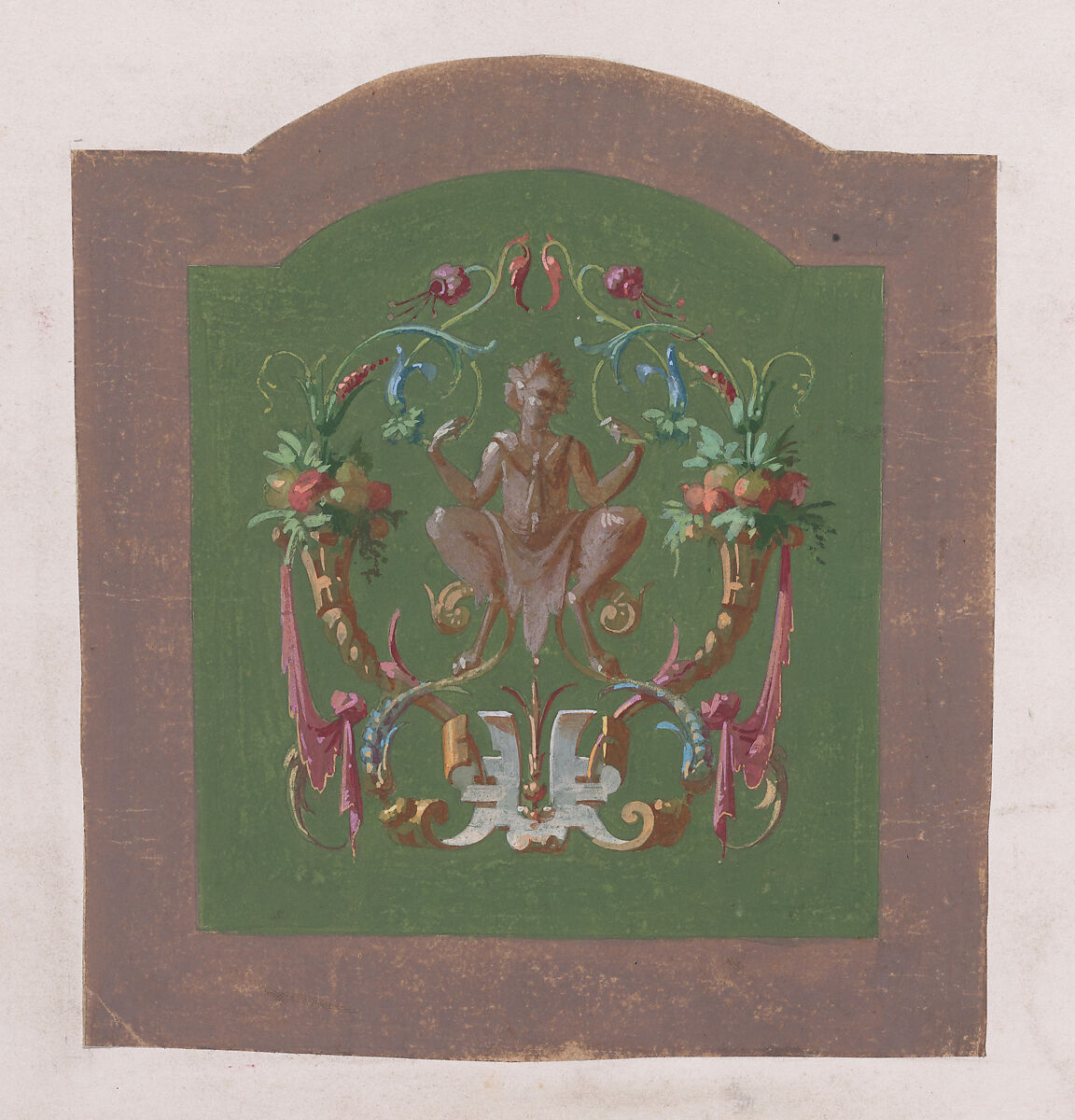 Design for a Chair Back Cover with a Squatting Half-Human Grotesque Figure Inside an Ornamental Frame Made of Two Cornucopias Holding Bundles of Leaves and Fruits and Scrolls of Leaves and Flowers, Anonymous, French, 19th century, Watercolor and Gouache 