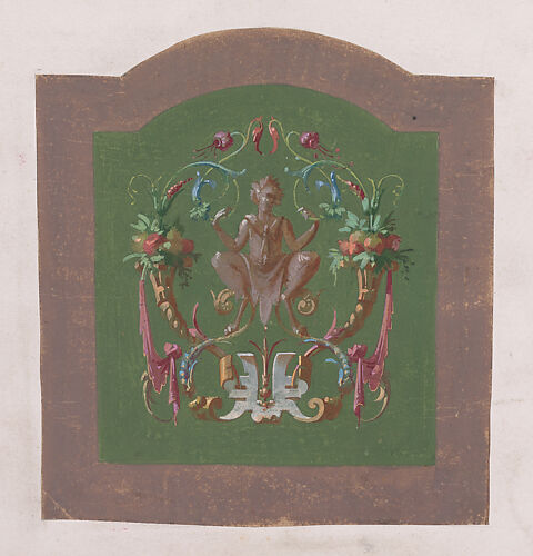 Design for a Chair Back Cover with a Squatting Half-Human Grotesque Figure Inside an Ornamental Frame Made of Two Cornucopias Holding Bundles of Leaves and Fruits and Scrolls of Leaves and Flowers