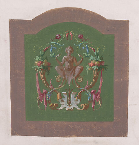 Design for a Chair Back Cover with a Squatting Half-Human Grotesque Figure Inside an Ornamental Frame Made of Two Cornucopias Holding Bundles of Leaves and Fruits and Scrolls of Leaves and Flowers
