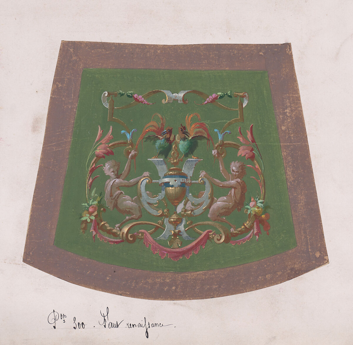 Design for a Chair Seat Cover with a Classical-Inspired Vase with Two Handles, Two Exotic Birds and Two Half-Human Grotesque Figures Inside an Ornamental Frame with Two Cornucopias Holding Bundles of Leaves and Fruits and Decorated Scrolls of Leaves and Flowers, Anonymous, French, 19th century, Watercolor and Gouache 