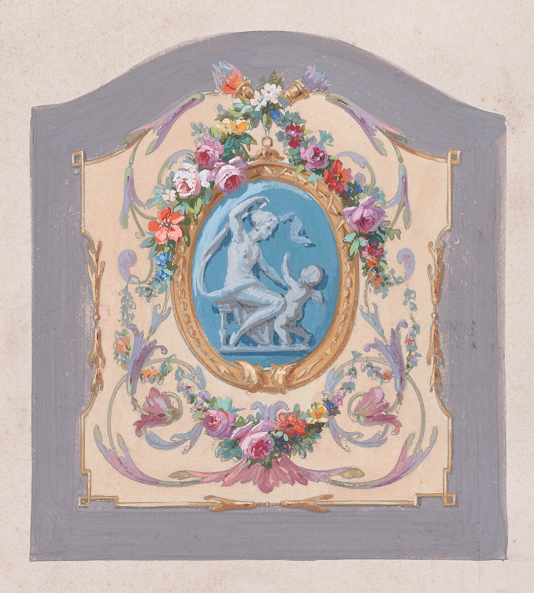 Design for a Chair Back Cover with an Oval-Shaped Ornamental Frame with a Kneeling Woman and a Playful Putto Surrounded by Garlands of Leaves and Flowers and Scrolling Acanthus Leaves Inside a Larger Ornamental Frame, Anonymous, French, 19th century, Watercolor and gouache 