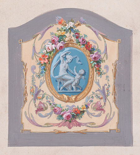 Design for a Chair Back Cover with an Oval-Shaped Ornamental Frame with a Kneeling Woman and a Playful Putto Surrounded by Garlands of Leaves and Flowers and Scrolling Acanthus Leaves Inside a Larger Ornamental Frame