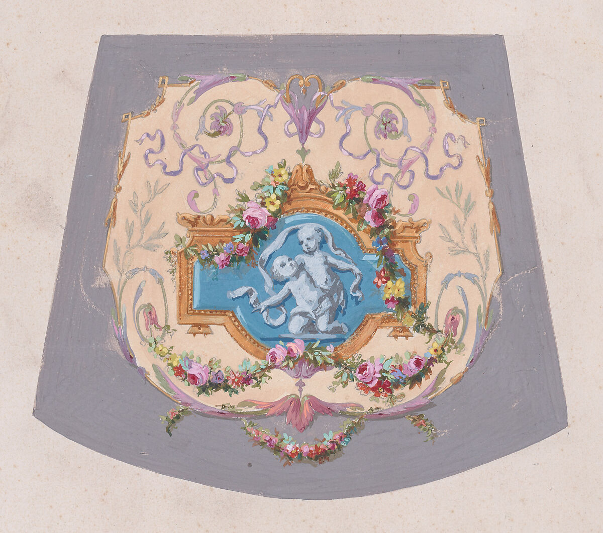 Design for a Chair Seat Cover with an Ornamental Frame with Two Restling Putti with Hanging Garlands of Leaves and Flowers Inside a Larger Ornamental Frame Featuring a Heart-Shape Motif, Anonymous, French, 19th century, Watercolor and Gouache 