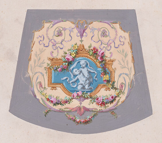 Design for a Chair Seat Cover with an Ornamental Frame with Two Restling Putti with Hanging Garlands of Leaves and Flowers Inside a Larger Ornamental Frame Featuring a Heart-Shape Motif