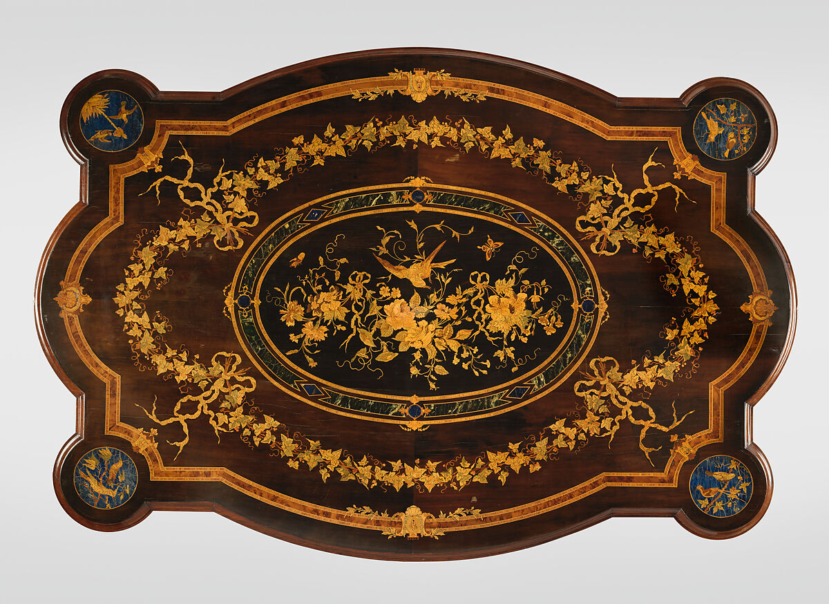 Center table, Gustave Herter (1830–1898), Rosewood, rosewood veneer, maple, burled wood, ash (secondary wood), brass, and scagliola, American
