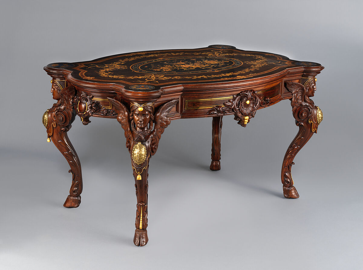 Center table, Gustave Herter (1830–1898), Rosewood, rosewood veneer, maple, burled wood, ash (secondary wood), brass, and scagliola, American 