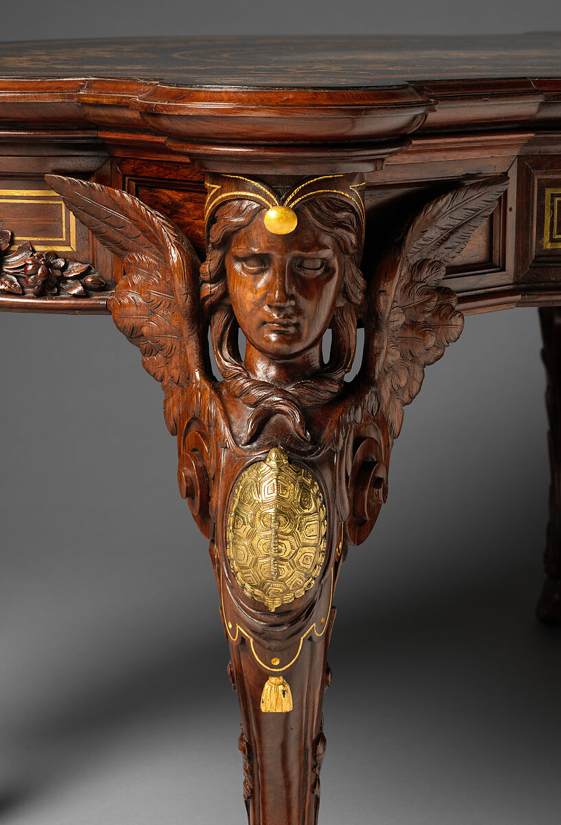 Center table, Gustave Herter (1830–1898), Rosewood, rosewood veneer, maple, burled wood, ash (secondary wood), brass, and scagliola, American