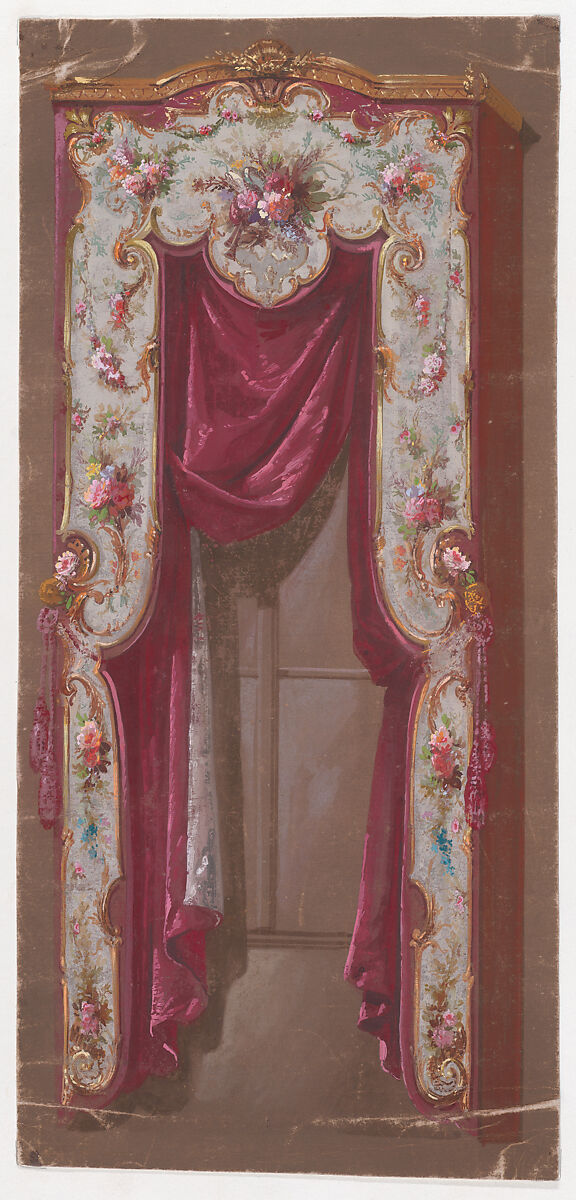 Design for a Valance in with Thin Bushes and Garlands of Flowers and a Shell Motif with a Hanging Curtain, Anonymous, French, 19th century, Watercolor 