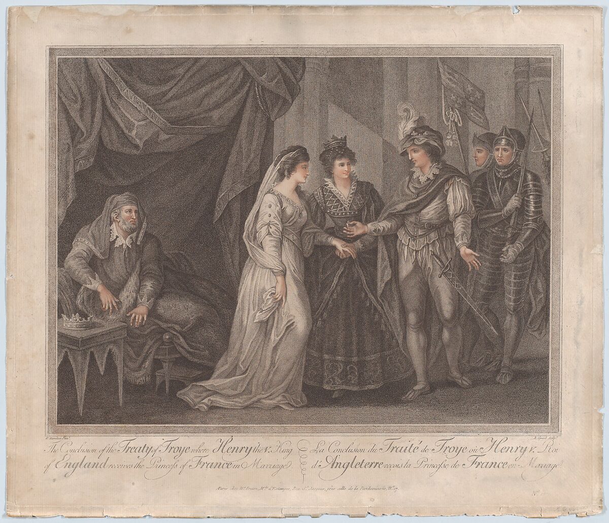 The Conclusion of the Treaty of Troye, Where Henry the V, King of England, Receives the Princess of France in Marriage, William Hamilton (British, London 1751–1801 London), Stipple engraving with etching, printed with some color 