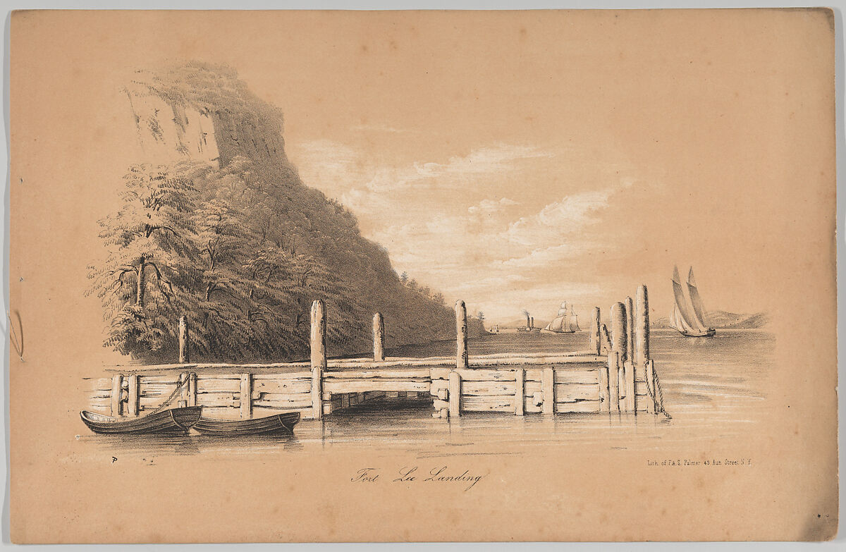 Fort Lee Landing, in: The New York Drawing Book, Containing a Series of Original Designs and Sketches of American Scenery, No. 2, Frances Flora Bond Palmer (American (born England), Leicester 1812–1876 New York), Lithograph; black and white inks on on tan paper 