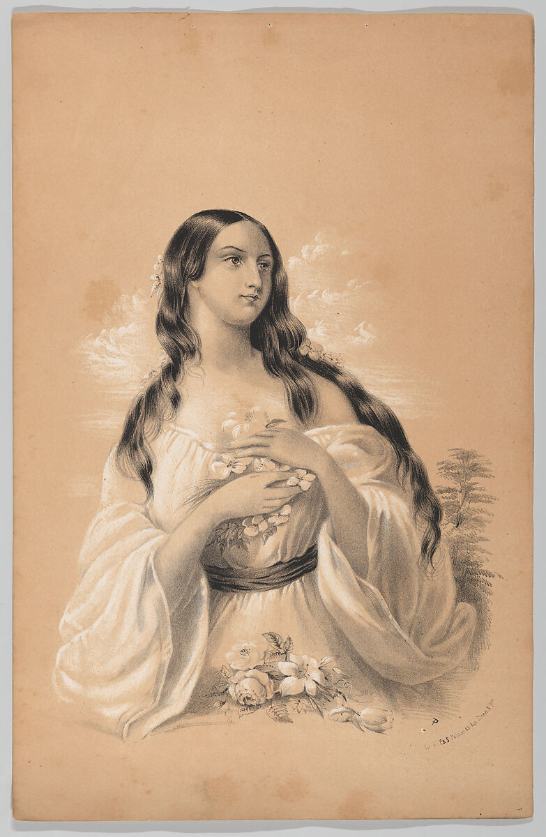 Woman Holding Flowers, in The New York Drawing Book, Containing a Series of Original Designs and Sketches of American Scenery, No. 2, Frances Flora Bond Palmer (American (born England), Leicester 1812–1876 New York), Lithograph; black and white inks on beige paper 
