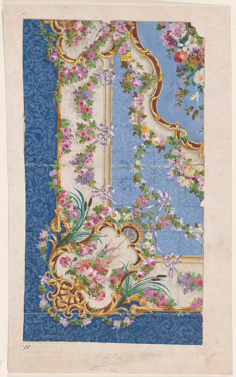 Design for a Rug with Ornamental Frames and Garlands and Festoons of Leaves, Flowers, and Ribbons Over a Background of Arabesques, Braquenié et cie. (French, after 1858), Gouache 
