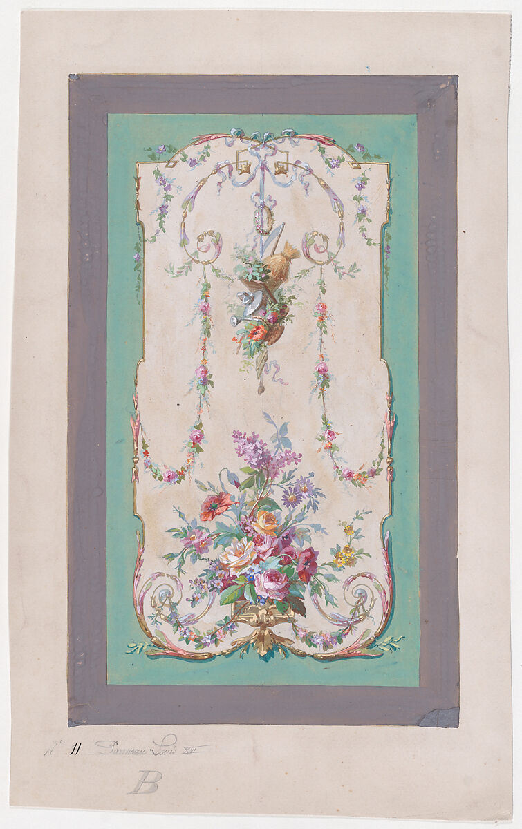 Design for a Panel with a Large Bundle of Flowers and Leaves and a Hanging Thin Bundle Containing Gardening Tools Inside an Ornamental Frame Decorated with Thin Garlands of Flowers and Leaves, Anonymous, French, 19th century, Watercolor and Gouache 