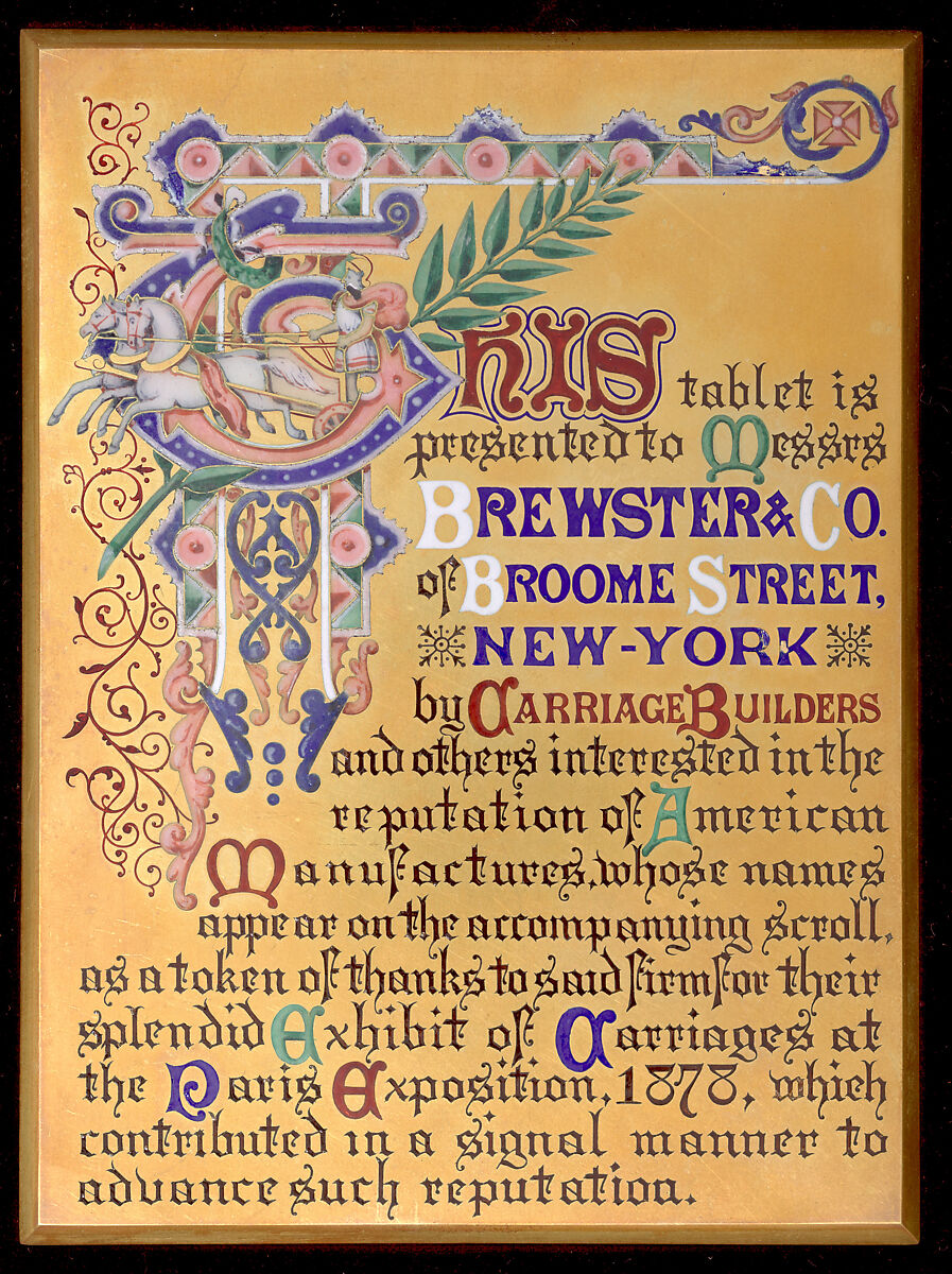Tablet presented to Brewster & Co. of Broome Street, in recognition of their carriage exhibition at the Paris Fait of 1878, Tiffany &amp; Co. (1837–present), Gilt bronze and enamel (champleve) 