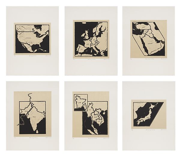 Atlas of My World (Six Works), Zarina (American, born Aligarh, India 1937–2020 London), Portfolio of 6 woodcuts with Urdu text printed in black on Indian handmade paper 