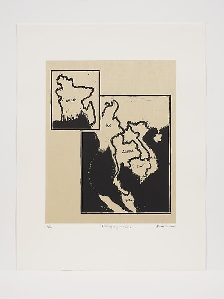 Atlas of My World (Six Works), Zarina (American, born Aligarh, India 1937–2020 London), Portfolio of 6 woodcuts with Urdu text printed in black on Indian handmade paper