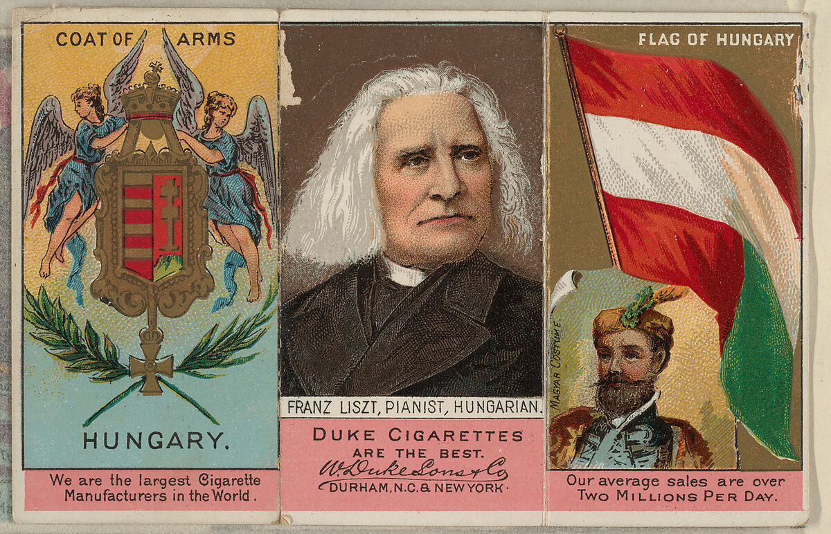 Franz Liszt, Pianist, Hungarian, from the Rulers, Flags, and Coats of Arms series (N126-2) issued by W. Duke, Sons & Co., Issued by W. Duke, Sons &amp; Co. (New York and Durham, N.C.), Commercial color lithograph