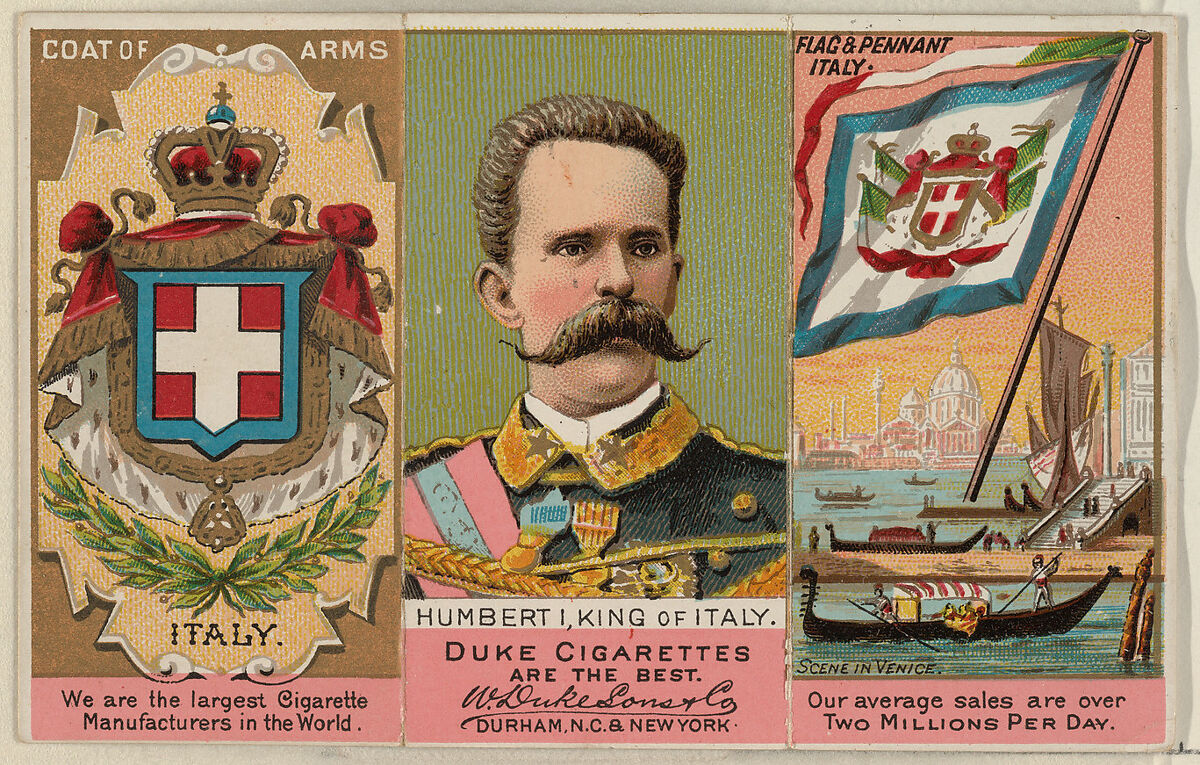 Humbert I, King of Italy, from the Rulers, Flags, and Coats of Arms series (N126-2) issued by W. Duke, Sons & Co., Issued by W. Duke, Sons &amp; Co. (New York and Durham, N.C.), Commercial color lithograph