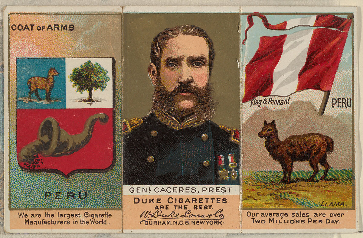 General Caceres, President of Peru, from the Rulers, Flags, and Coats of Arms series (N126-2) issued by W. Duke, Sons & Co., Issued by W. Duke, Sons &amp; Co. (New York and Durham, N.C.), Commercial color lithograph