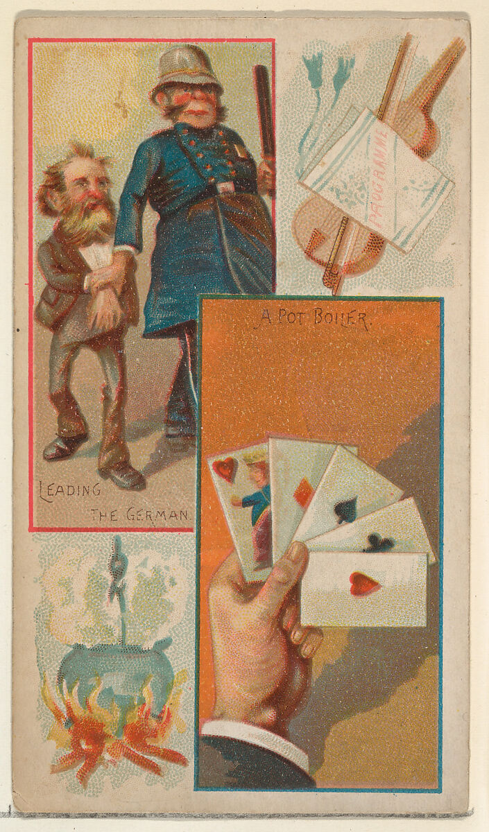Leading the German / A Pot Boiler, from the Jokes series (N118) issued by Duke Sons & Co. to promote Honest Long Cut Tobacco, Issued by W. Duke, Sons &amp; Co. (New York and Durham, N.C.), Commercial color lithograph 
