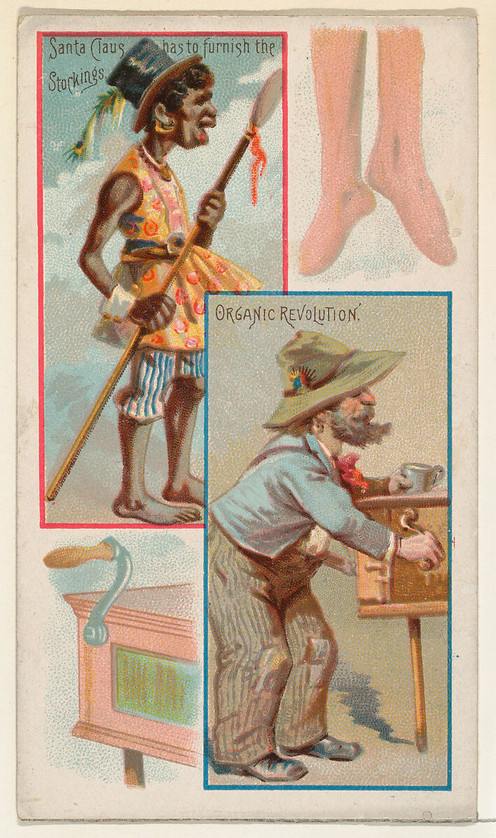 Caricatured figures / Santa Claus has to Furnish the Stockings / Organic Revolution, from the Jokes series (N118) issued by Duke Sons & Co. to promote Honest Long Cut Tobacco, Issued by W. Duke, Sons &amp; Co. (New York and Durham, N.C.), Commercial color lithograph 