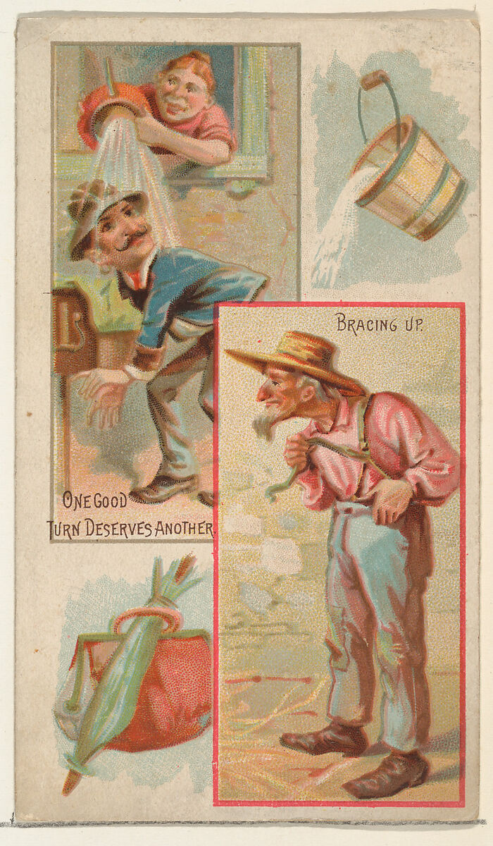One Good Turn Deserves Another / Bracing Up, from the Jokes series (N118) issued by Duke Sons & Co. to promote Honest Long Cut Tobacco, Issued by W. Duke, Sons &amp; Co. (New York and Durham, N.C.), Commercial color lithograph 