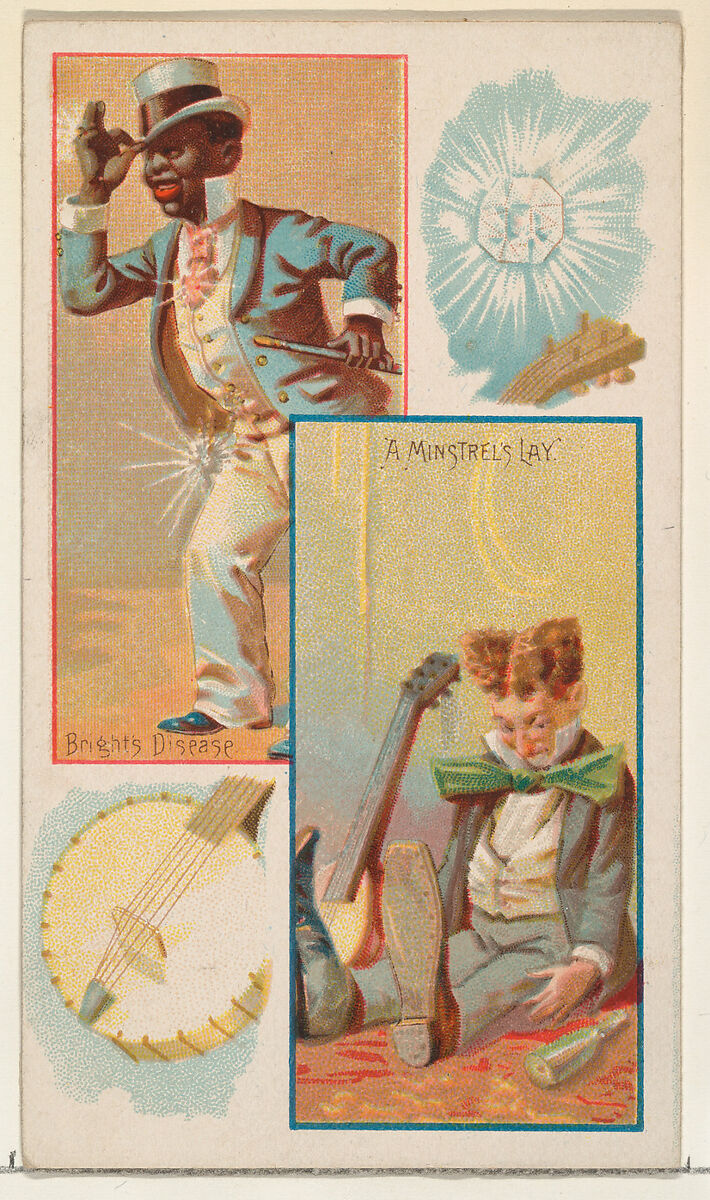 Caricatured figures / Bright's Disease / A Minstrel's Lay, from the Jokes series (N118) issued by Duke Sons & Co. to promote Honest Long Cut Tobacco, Issued by W. Duke, Sons &amp; Co. (New York and Durham, N.C.), Commercial color lithograph 