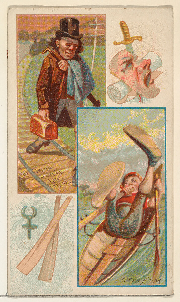 The Drama is Making Long Strides / O'er an Oar, from the Jokes series (N118) issued by Duke Sons & Co. to promote Honest Long Cut Tobacco, Issued by W. Duke, Sons &amp; Co. (New York and Durham, N.C.), Commercial color lithograph 