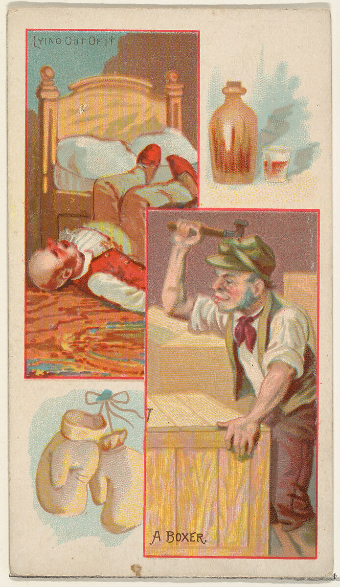Lying Out of It / A Boxer, from the Jokes series (N118) issued by Duke Sons & Co. to promote Honest Long Cut Tobacco, Issued by W. Duke, Sons &amp; Co. (New York and Durham, N.C.), Commercial color lithograph 