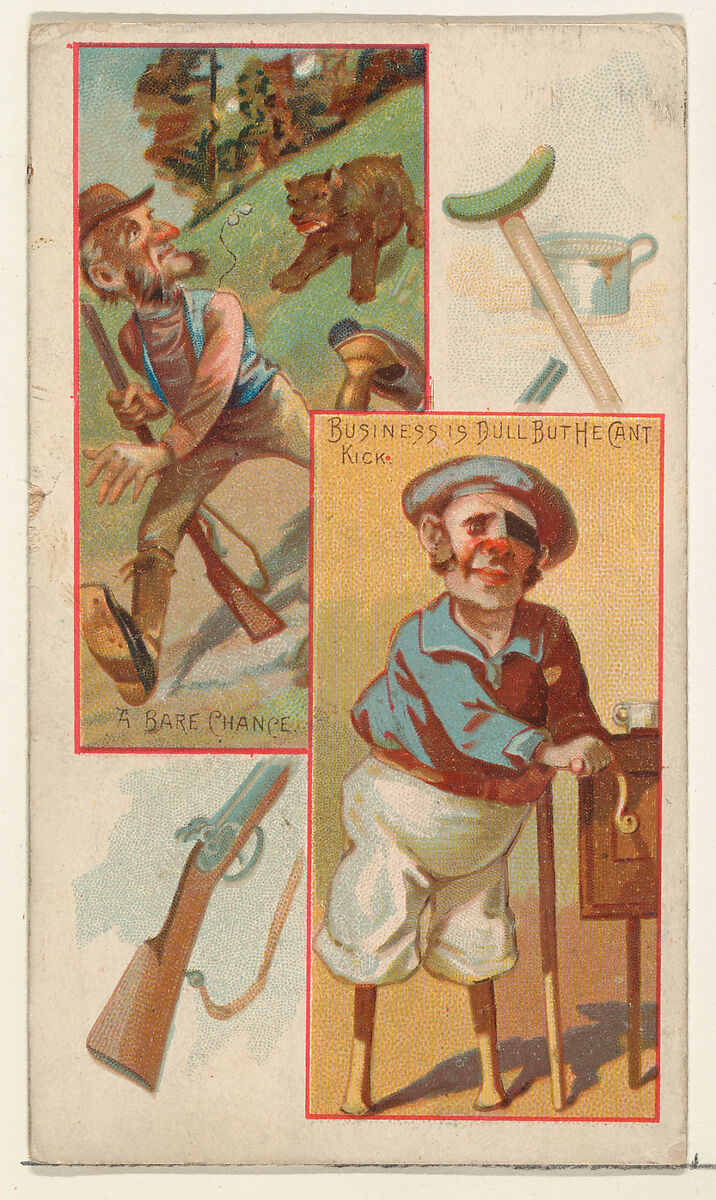 A Bare Chance / Business is Dull But He Can't Kick, from the Jokes series (N118) issued by Duke Sons & Co. to promote Honest Long Cut Tobacco, Issued by W. Duke, Sons &amp; Co. (New York and Durham, N.C.), Commercial color lithograph 