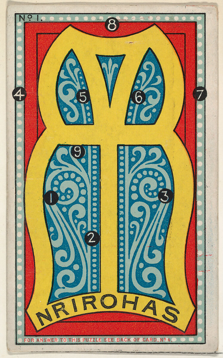 Puzzle Card Number 1, from the Jokes series (N118) issued by Duke Sons & Co. to promote Honest Long Cut Tobacco, Issued by W. Duke, Sons &amp; Co. (New York and Durham, N.C.), Commercial color lithograph 