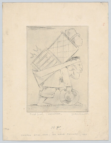 A man carrying birds in a box on his back (Cargador), Jean Charlot (French, Paris 1898–1979 Honolulu, Hawaii), Etching, trial proof 