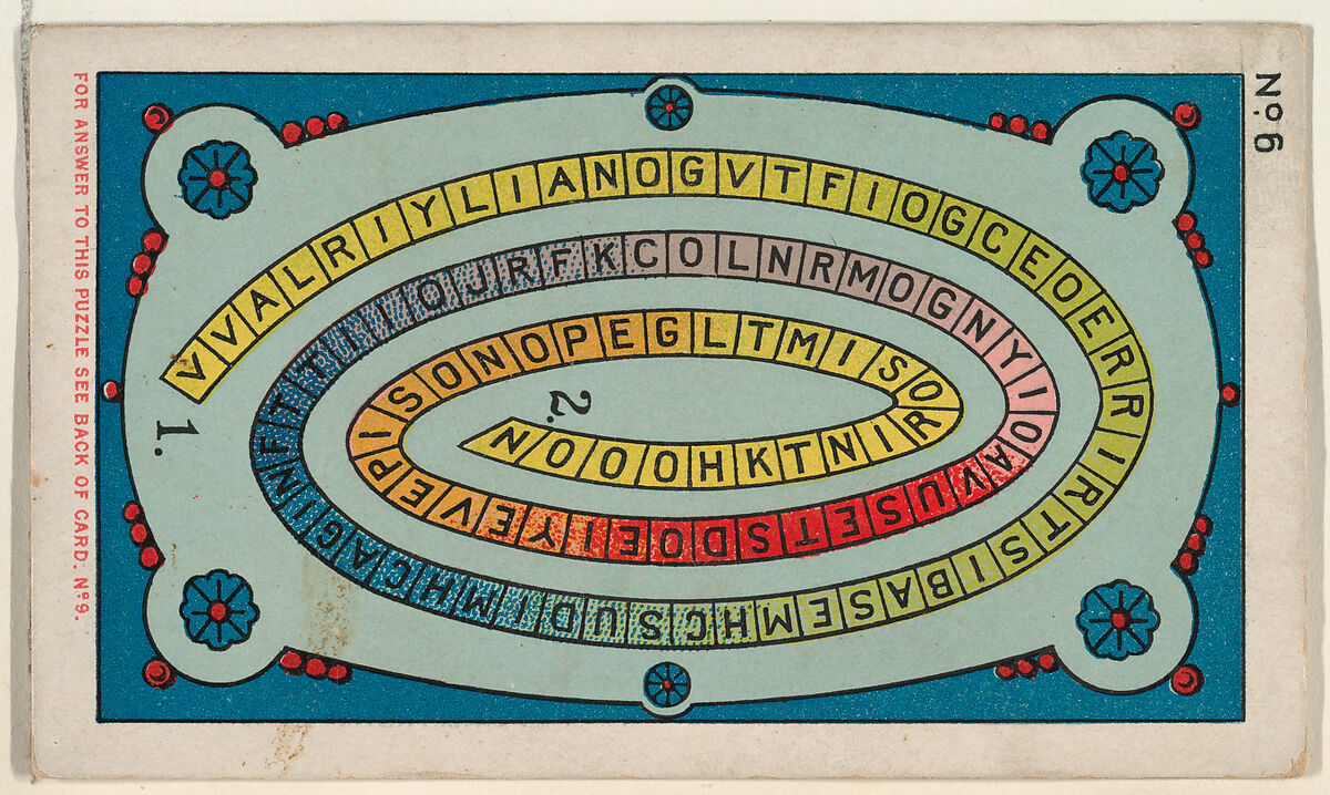 Puzzle Card Number 6, The "Ribbon" Puzzle, from the Jokes series (N118) issued by Duke Sons & Co. to promote Honest Long Cut Tobacco, Issued by W. Duke, Sons &amp; Co. (New York and Durham, N.C.), Commercial color lithograph 