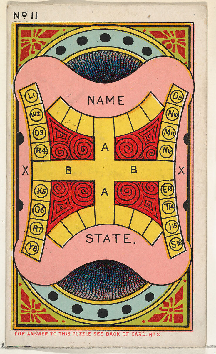 Puzzle Card Number 11, A "Public Man" Puzzle, from the Jokes series (N118) issued by Duke Sons & Co. to promote Honest Long Cut Tobacco, Issued by W. Duke, Sons &amp; Co. (New York and Durham, N.C.), Commercial color lithograph 
