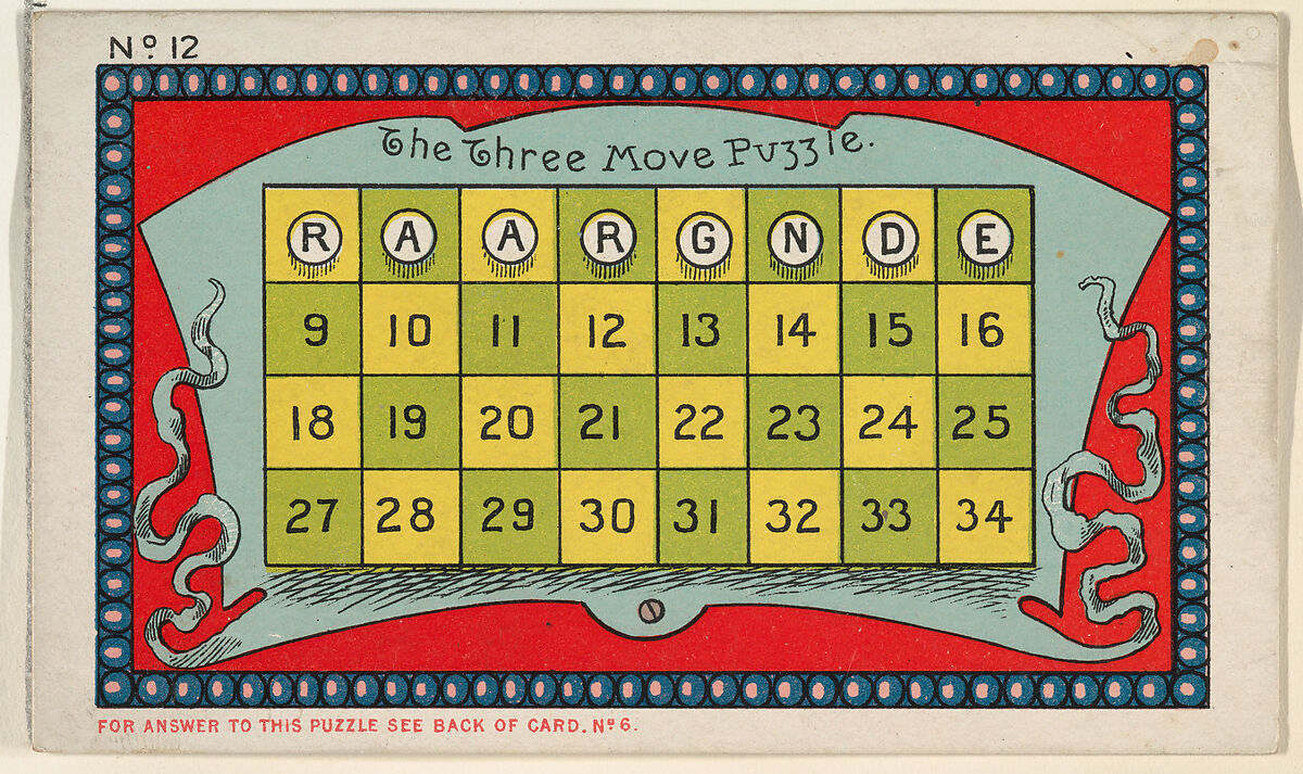 Puzzle Card Number 12, The Three Move Puzzle, from the Jokes series (N118) issued by Duke Sons & Co. to promote Honest Long Cut Tobacco, Issued by W. Duke, Sons &amp; Co. (New York and Durham, N.C.), Commercial color lithograph 