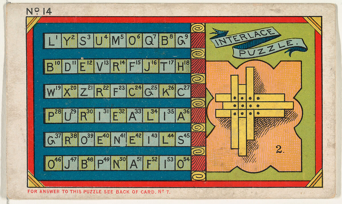 Puzzle Card Number 14, "Interlace" Puzzle, from the Jokes series (N118) issued by Duke Sons & Co. to promote Honest Long Cut Tobacco, Issued by W. Duke, Sons &amp; Co. (New York and Durham, N.C.), Commercial color lithograph 