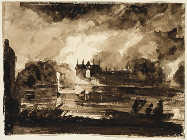 Effect for Newstead Abbey, Nottinghamshire, England, Thomas Cole (American, Lancashire 1801–1848 Catskill, New York), Brown wash over graphite on off-white wove paper, American