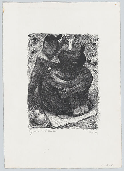 Little Bath: a child pouring water over a seated woman, Jean Charlot (French, Paris 1898–1979 Honolulu, Hawaii), Lithograph on zinc 