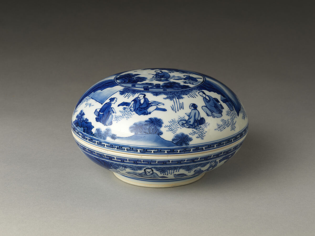 Covered box decorated with the Seven Sages of the Bamboo Grove
, Porcelain painted in underglaze cobalt blue (Jingdezhen ware), China