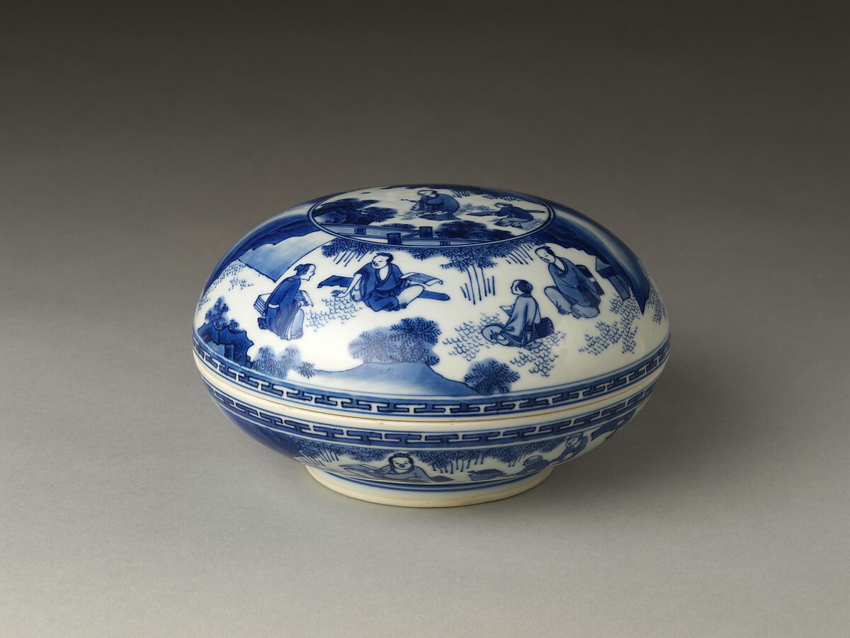 Covered box decorated with the Seven Sages of the Bamboo Grove
, Porcelain painted in underglaze cobalt blue (Jingdezhen ware), China